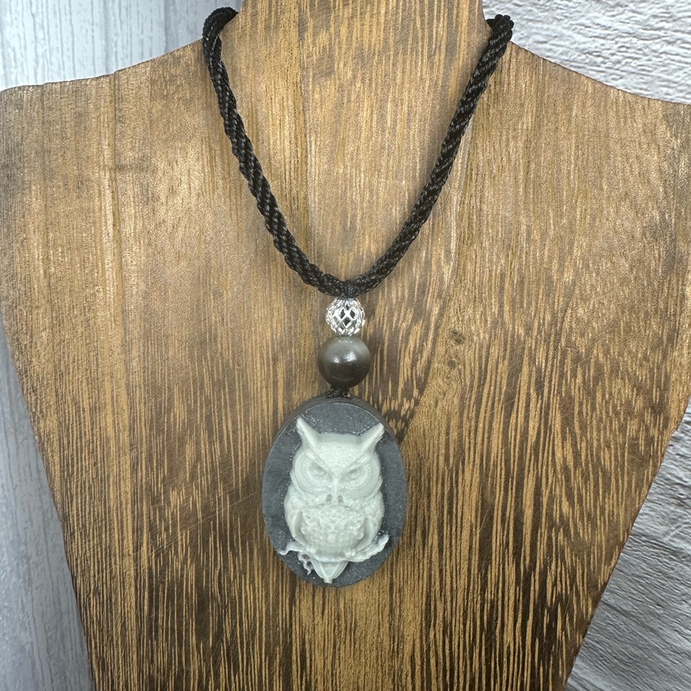 Tai Chi Stone Owl Pendant Necklace on Black Adjustable Rope - Picture 7 of 9